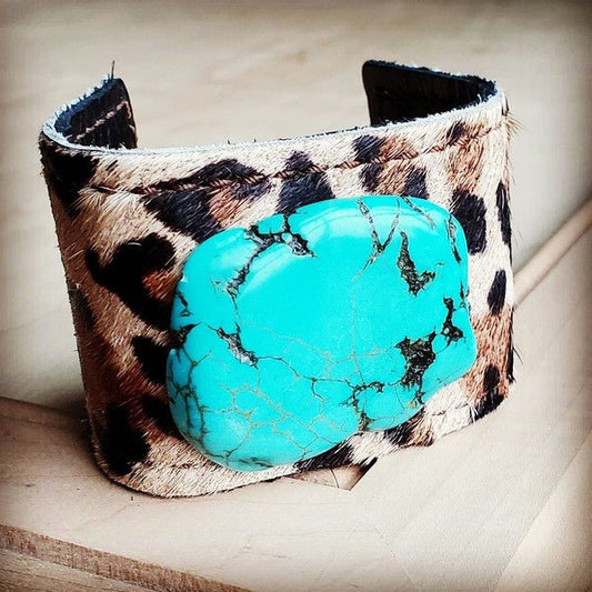 Cuff w/ Leather Tie-Leopard and Turquoise Slab - Ranchin Babes Boutique