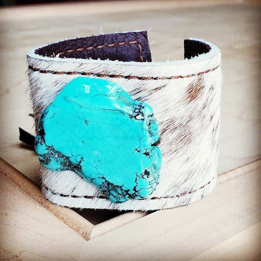 Leather Cuff -Spotted Hair Hide w/ Turquoise Slab - Ranchin Babes Boutique