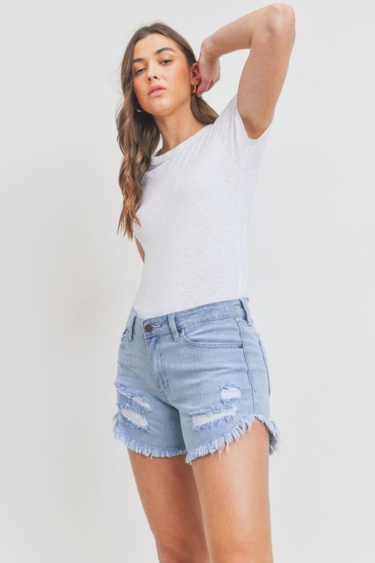 Melody ~ Curved Fray Hem Jean Shorts - Ranchin Babes Boutique